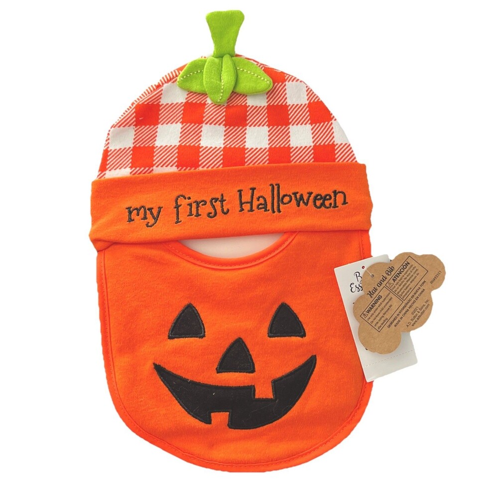 NWT “My First Halloween” Orange Bib and Beanie Hat Set Embroidery Cute Baby Set